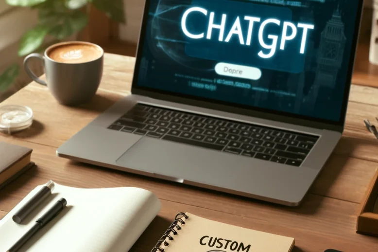 DALL·E 2024-05-21 13.43.44 – A professional workspace with a laptop displaying ChatGPT on the screen, a notebook with ‘Custom Instructions’ written on it correctly spelled, and a custom instructions for ChatGPT enhance your PhD journey
